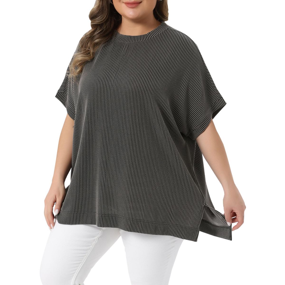 Women's Plus Size Striped Side Slit Crew Neck Short Sleeve Casual Summer Blouse - Agnes Orinda