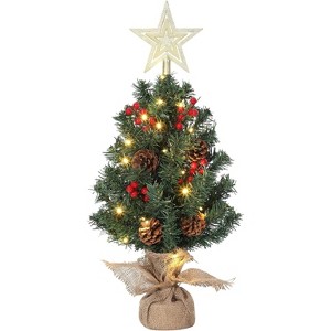 Small Christmas Tree with Top Star & Lights, Tabletop Artificial Pine Tree with Red Berries & Pine Cones - 1 of 4