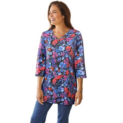 Woman Within Plus Size Perfect Printed Three-Quarter-Sleeve V-Neck Tunic