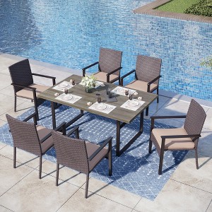 Captiva Designs 7pc Patio Wood-look Rectangle Dining Table & Rattan Chairs with Removable Cushions - 1 of 4