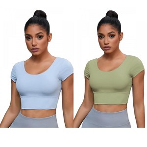 INSPIRE CHIC 2 Pcs Women's U Neck Short Sleeve Deep V Back Workout Tank Tops with Built-in Bras - 1 of 4
