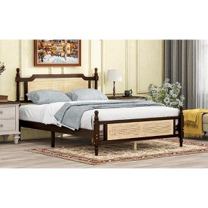 MAYEERTY Full Size Bed with Rattan Headboard, Two Storage Drawers, Rubber Wood Bed Brown - 1 of 4