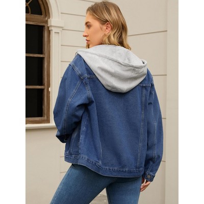 INSPIRE CHIC Women's Long Sleeve Button Down Detachable Hoodie Jean Jacket X-Large Dark Blue — фото 4
