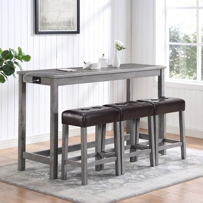 Bar Table Set with Power Outlet,Bar Table and Chairs Set,4 Piece Dining Table Set,Industrial Breakfast Table Set-Maison Boucle