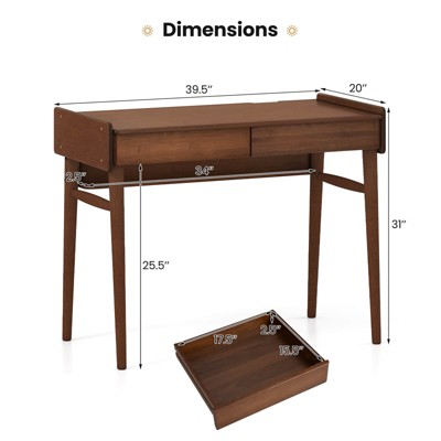 Costway Bamboo Writing Desk 39.5" Computer Study Desk with 2 Storage Drawers & Open Shelf - Thumbnail 2