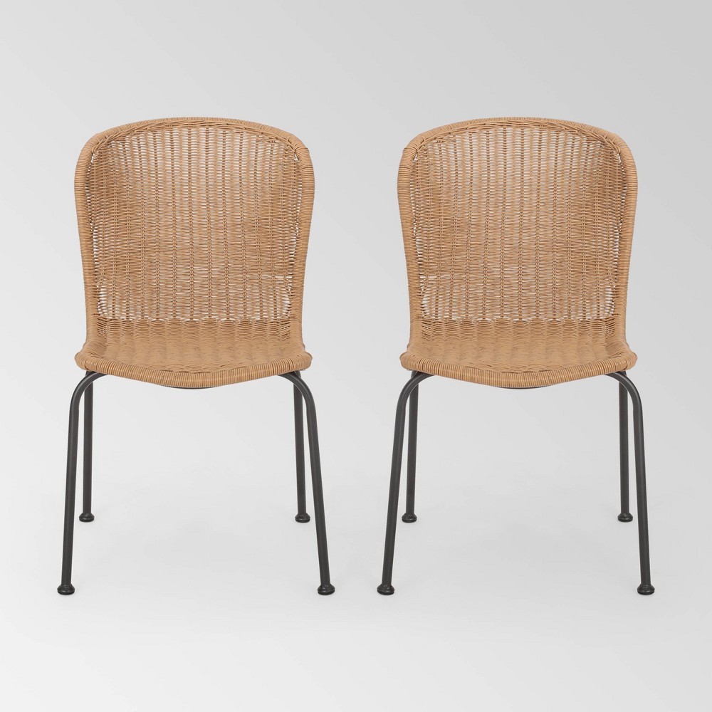 Spinnaker Set of 2 Wicker Boho Dining Chairs - Light Brown - Christopher Knight Home: Weather-Resistant Iron Frame