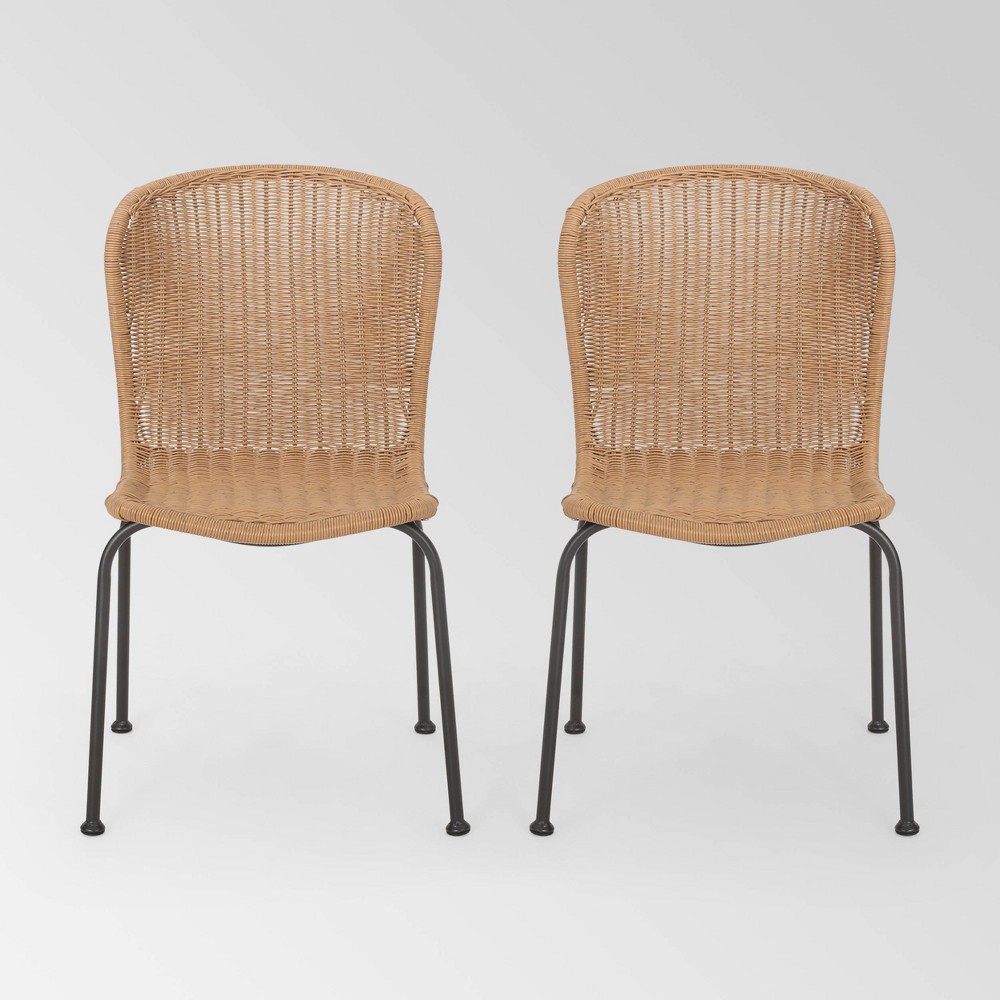 Photos - Chair Spinnaker Set of 2 Wicker Boho Dining  - Light Brown - Christopher Knight Home: Weather-Resistant Iron Frame