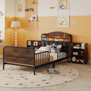 Aortzio Twin Size 3-piece Metal Floor Bed,Platform Bed with Storage Shelves and Headboard - 1 of 4