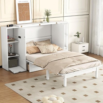 Streamdale Queen Size Murphy Bed with Shelves, Drawers and USB Ports,White