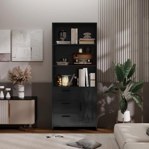 6-Tier Bookshelf with Doors Drawers, Bookcase with 3-Tier Open Shelves, Wood Book Shelf with Storage Cabinet for Home Office, Living Room, Bedroom - 1 of 4