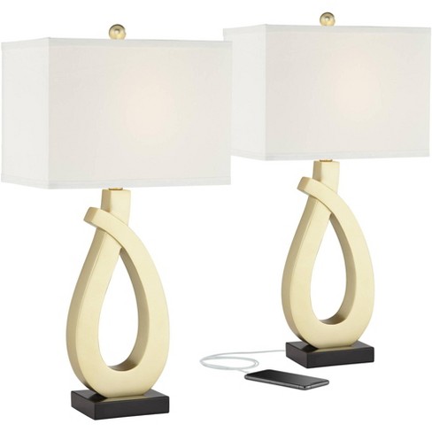 360 Lighting Simone Modern Table Lamps 28 Tall Set of 2 Sculptural Gold  Metal USB Charging Port White Rectangular Shade Bedroom Living Room