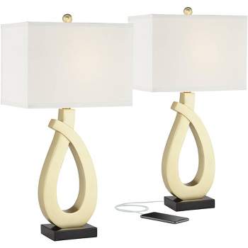 360 Lighting Simone Modern Table Lamps 28" Tall Set of 2 Sculptural Gold Metal USB Charging Port White Rectangular Shade Bedroom Living Room