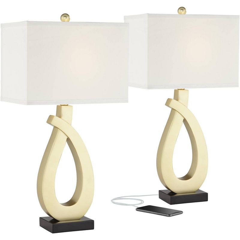 360 Lighting Simone Modern Table Lamps 28" Tall Set of 2 Sculptural Gold Metal USB Charging Port White Rectangular Shade Bedroom Living Room, 1 of 10