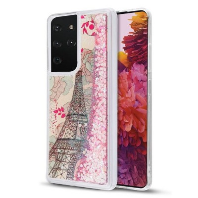 MyBat Quicksand Glitter Hybrid Protector Cover Case Compatible With Samsung Galaxy S21 Ultra - Eiffel Tower Pink Hearts