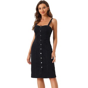 Allegra K Women's Sweetheart Neckline Straps Sleeveless Button-Down Denim Jean Midi Dresses - 1 of 4