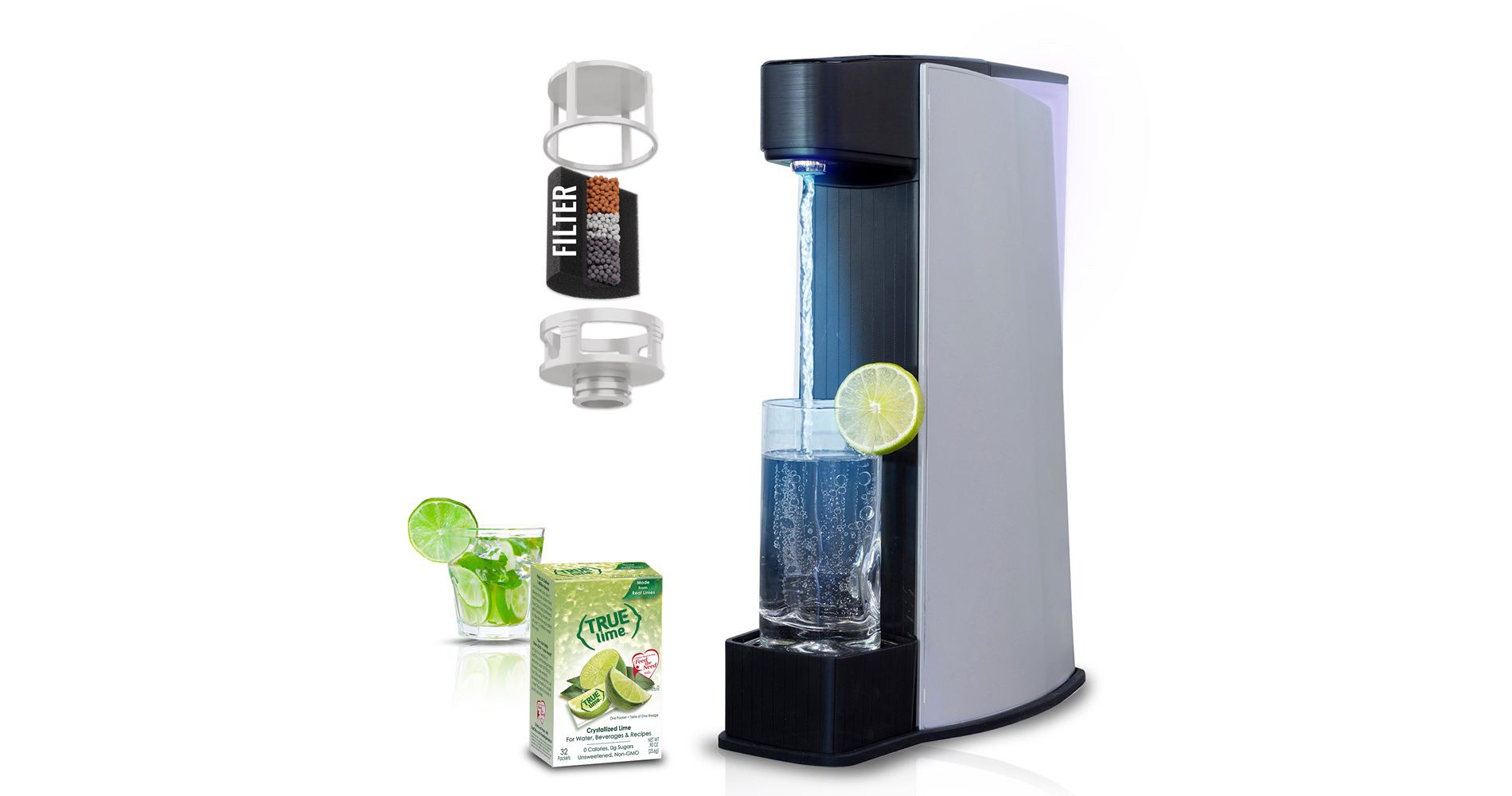 Carbon8 – One-Touch Sparkling Water Maker with Activated Charcoal Filter & Low-Calorie Citrus Flavors