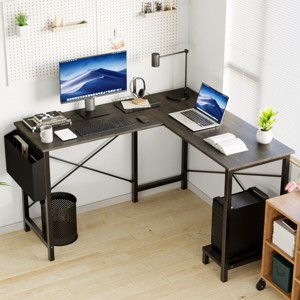 L Shaped Computer Office Desk -Wooden Desktop With Metal Frame,Wooden Table With Cpu Storage Shelf And Side Bag-Cuddlewood - 1 of 4