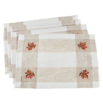 Saro Lifestyle Embroidered Leaf Hemstitch Placemat (Set of 4 pcs), Ivory