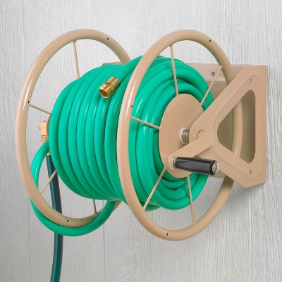 Tan Steel Wall Mount Garden Hose Reel with Crank Handle