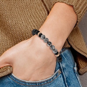Chisel Stainless Steel Brushed Black IP-plated 8mm Black Agate and Grey Jasper Beaded Stretch Bracelet - 1 of 4