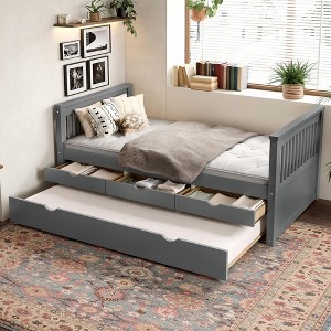 TIRAMISUBEST Twin Size Platform Bed Frame with Trundle, Solid Wood Storage Daybed with 3 Drawers - 1 of 4
