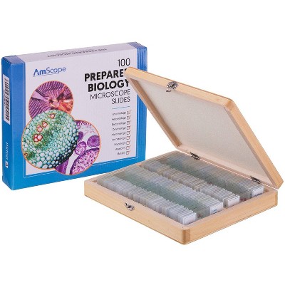 Photo 1 of 100pc Set of Prepared Biological Glass Slides in a Wooden Storage Box - AmScope