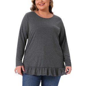 Women's Plus Size Ruffled Hem Crew Neck Long Sleeve Flowy Casual Tunic Tops with Pockets - Agnes Orinda - 1 of 4