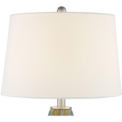 Azure Blue and Brown Art Glass Table Lamp Set with White Fabric Shade