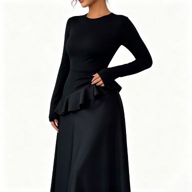 YESFASHION Womens Long Sleeve Crew Neck Maxi Evening Dress Asymmetrical Ruffle Peplum Satin Formal Floor Length Gowns/Medium/Black : Target