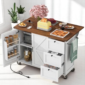 54.5" Farmhouse Kitchen Island Cart with Drop Leaf, Outlet, Internal Storage Racks, 3 Drawers, Sliding Barn Doors, Lockable Wheels, Kitchen Cabinets - 1 of 4