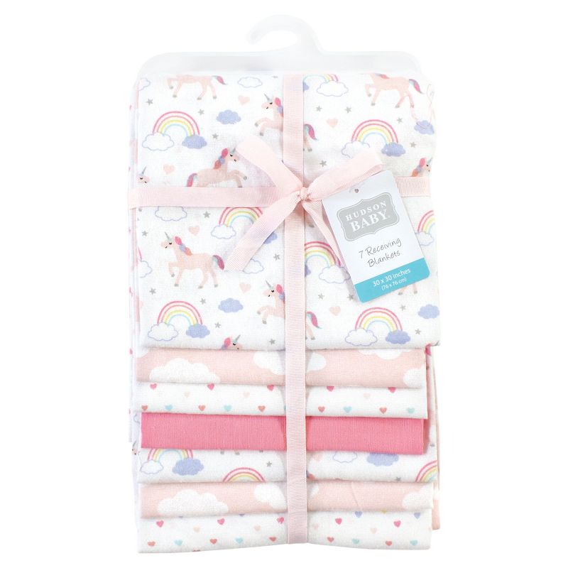 Hudson Baby Infant Girl Cotton Rich Flannel Receiving Blankets Bundle, Unicorns Rainbows, One Size, 2 of 7