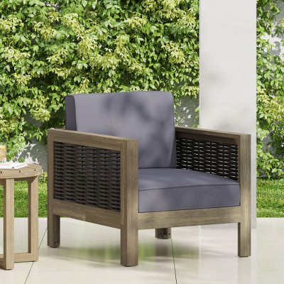 XIYUYEU Outdoor Club Chair, Patio Accent Armchair with Wicker Accents & Acacia Wood Frame, for Garden, Patio, Balcony