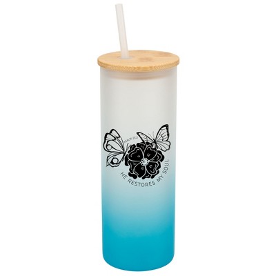 Elanze Designs He Restores My Soul Butterfly Wrap-Around Design 25 Ounce Frosted Gradient Glass On-The-Go Coffee Travel Skinny Tumbler Mug Cup, Bamboo