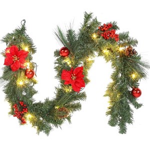 COZONY 6-Foot Poinsettia Christmas Garland with LED Lights, Battery Operated Holiday Garland with Timer for Mantle Fireplace Stair Railing Decor - 1 of 4