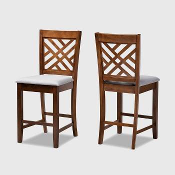 Set of 2 Caron Fabric Upholstered Wood Counter Height Pub Chair Set Gray/Walnut - Baxton Studio: Elegant Dining & Kitchen Seating