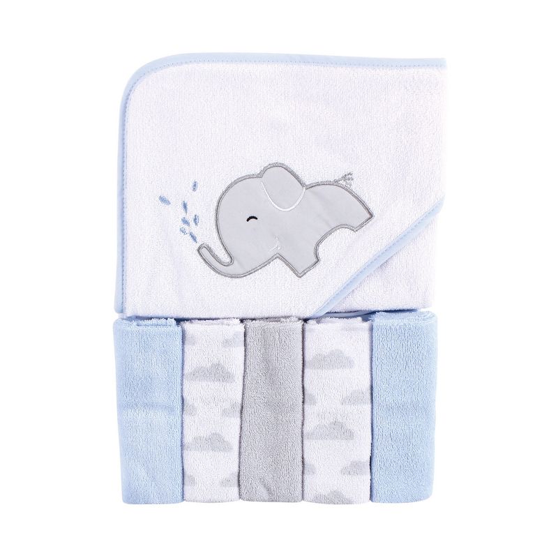 Luvable Friends Baby Boy Hooded Towel with Five Washcloths, Elephant Spray, One Size, 1 of 3