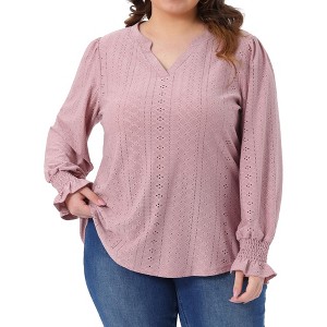 Agnes Orinda Women's Plus Size Eyelet Hollow Out V Neck Long Ruffle Sleeve Casual Tunic Blouse - 1 of 4