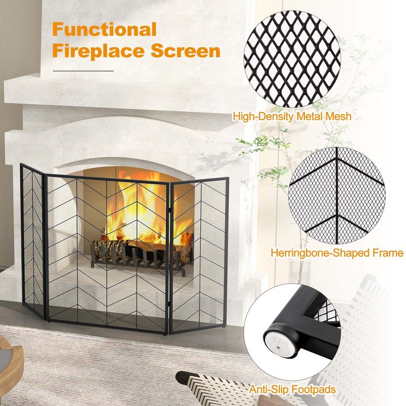Costway 52 x 31 Inch Fireplace Screen 3-Panel Spark Guard with Chevron Herringbone Pattern, 5 of 10
