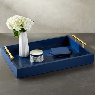 Blue Wooden Serving Tray with Gold and Silver Handles and Coasters