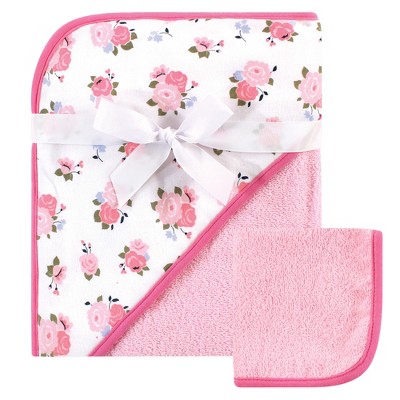 Luvable Friends Baby Girl Cotton Hooded Towel and Washcloth, Floral, One Size