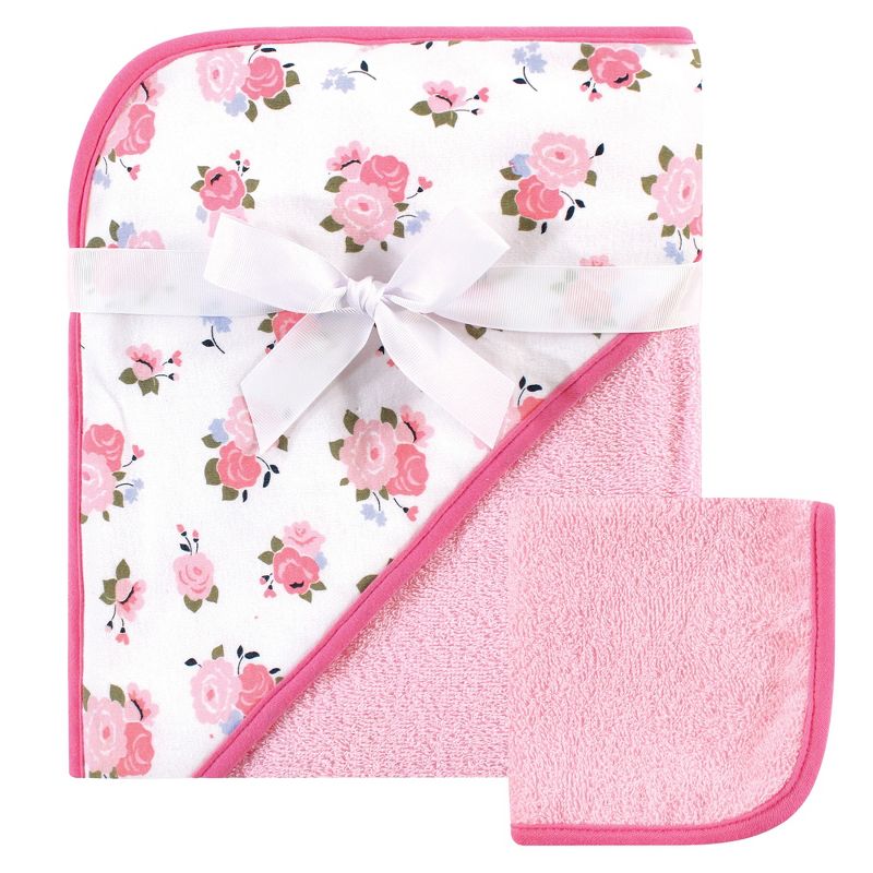 Luvable Friends Infant Girl Cotton Hooded Towel and Washcloth, Floral, 1 of 5