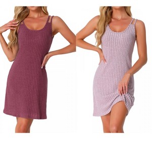 INSPIRE CHIC Women's 2 Pcs Sleeveless Crew Neck Ribbed Knit Nightgown Double Strap Chemise - 1 of 4