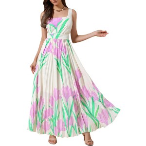 INSPIRE CHIC Women's Pleated Square Neck Sleeveless High Waist Casual Floral Flare A-Line Maxi Dress - 1 of 4