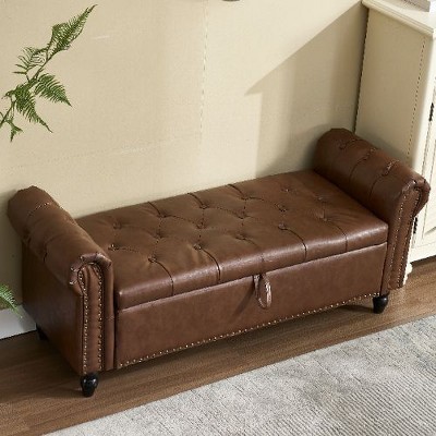 CAVINAS Industrial Rivet Storage Ottoman Bench, Upholstered Ottoman Foot Rest, Button Tufted Ottoman with Hidden Storage, End-of-Bed Bench