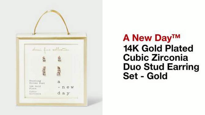 14K Gold Plated Cubic Zirconia Duo Stud Earring Set 3pc - A New Day&#8482; Gold, 2 of 5, play video