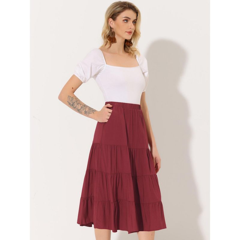 Allegra K Women's Midi Solid Elastic Waist Flare Tiered A-Line Skirt with Pockets, 3 of 6