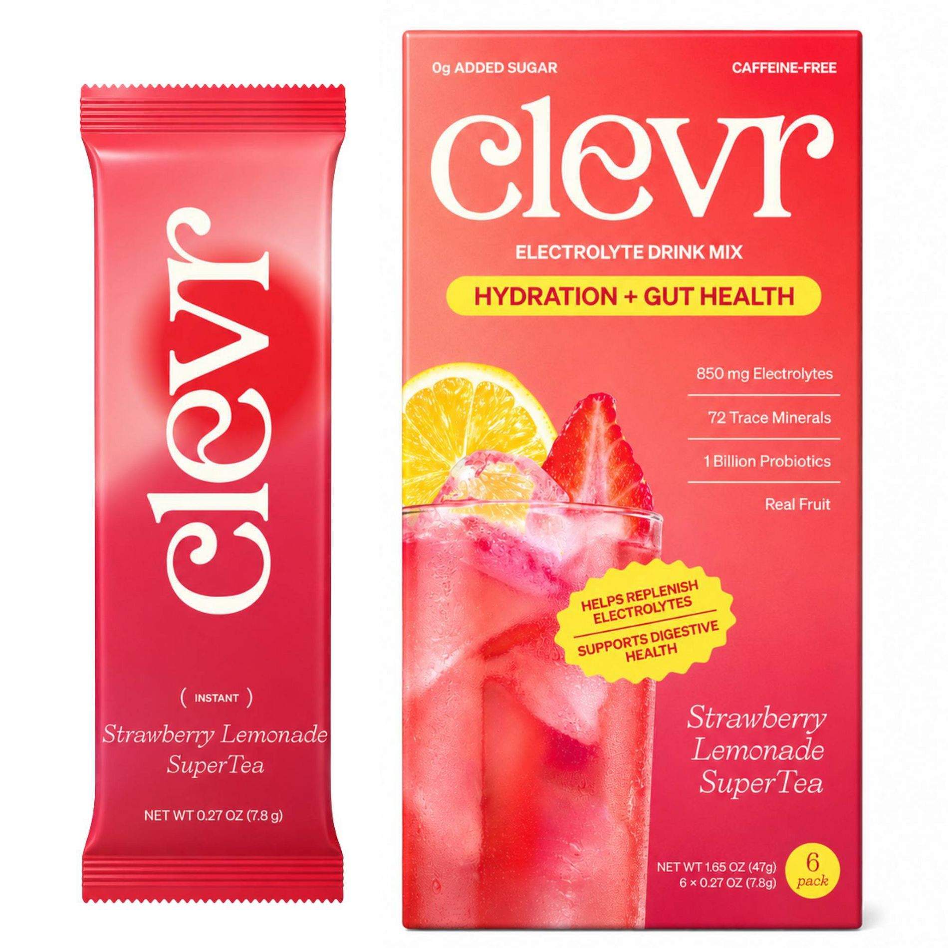 Clevr Hydration Electrolyte Mix with Gut Supporting Probiotics - Strawberry Lemonade, Non-Caffeinated- 0.27oz/6ct