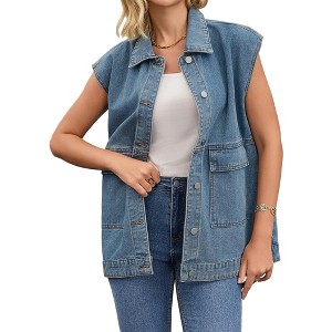 INSPIRE CHIC Women's Oversized Collared Button Down Sleeveless Long Denim Jacket - 1 of 4
