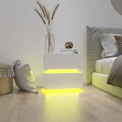 Modern High Gloss Night Stand with RGB LED Lights, Easy Assembly Bedroom Storage Furniture