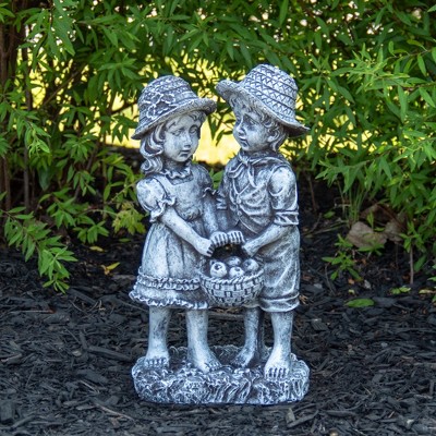 13" Boy and Girl Apple Picking Resin Garden Statue